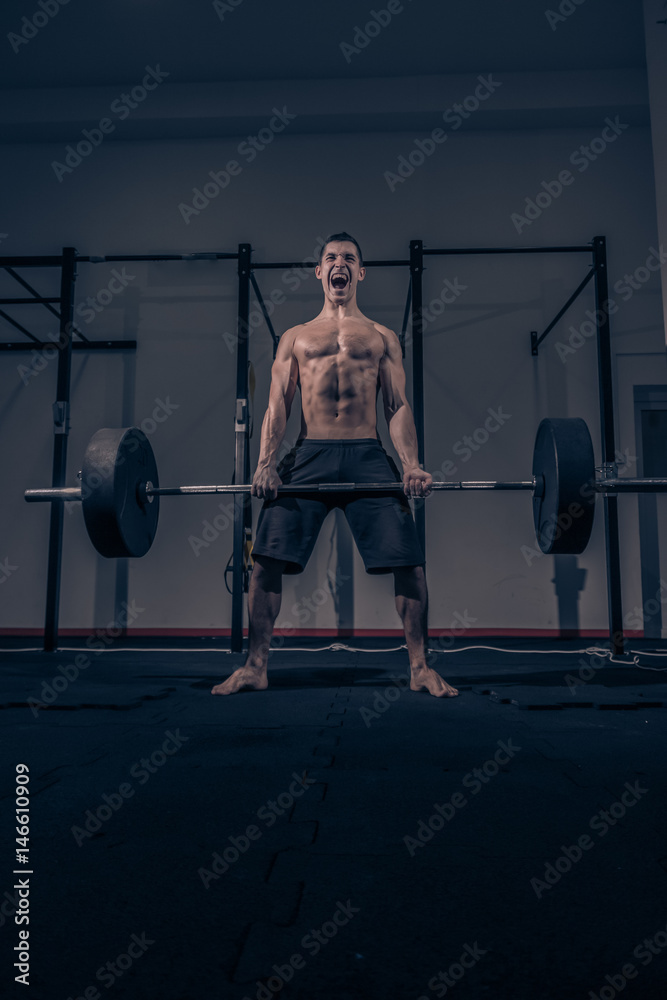 bodybuilder muscular deadlift, dark indoors gym, shouting screaming bodybuilder muscular deadlift, dark indoors gym, shouting screaming