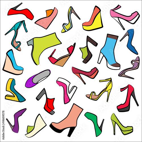 Set of multicolored women shoes on white background