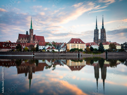 Wroclaw, Poland 22nd october 2016. Panoramic view of Ostrow Tumski in Wroclaw at sunrise with beautiful clouds in the sky. Ostrow Tumski (Cathedral Island).