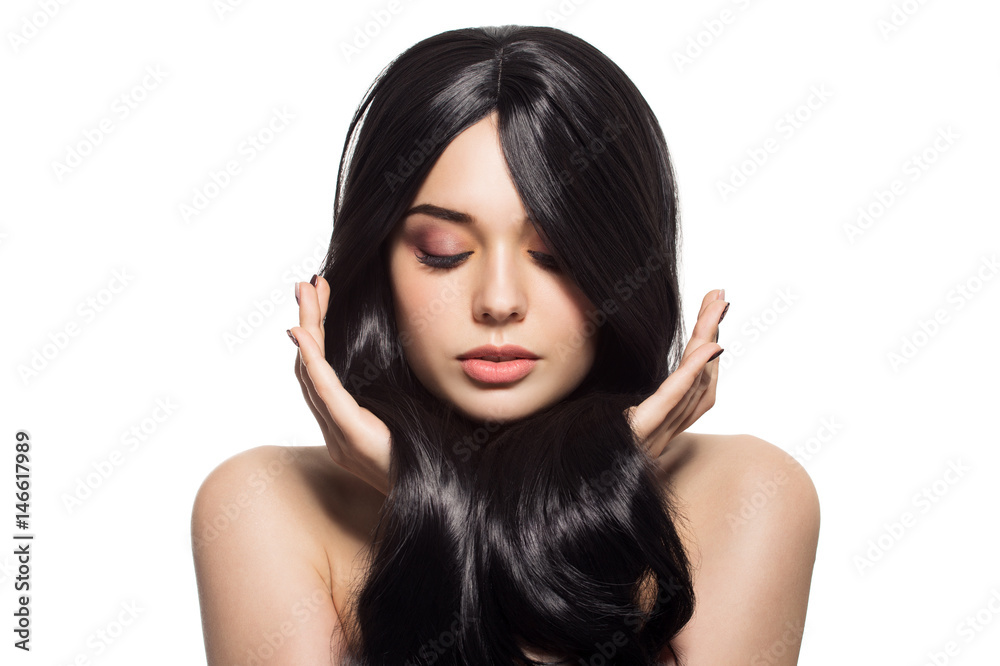 Portrait Of Beautiful Young Brunette Woman With Long Wavy Hair. Isolated On White Background. Portrait Of Beautiful Young Brunette Woman With Long Wavy Hair. Isolated On White Background.