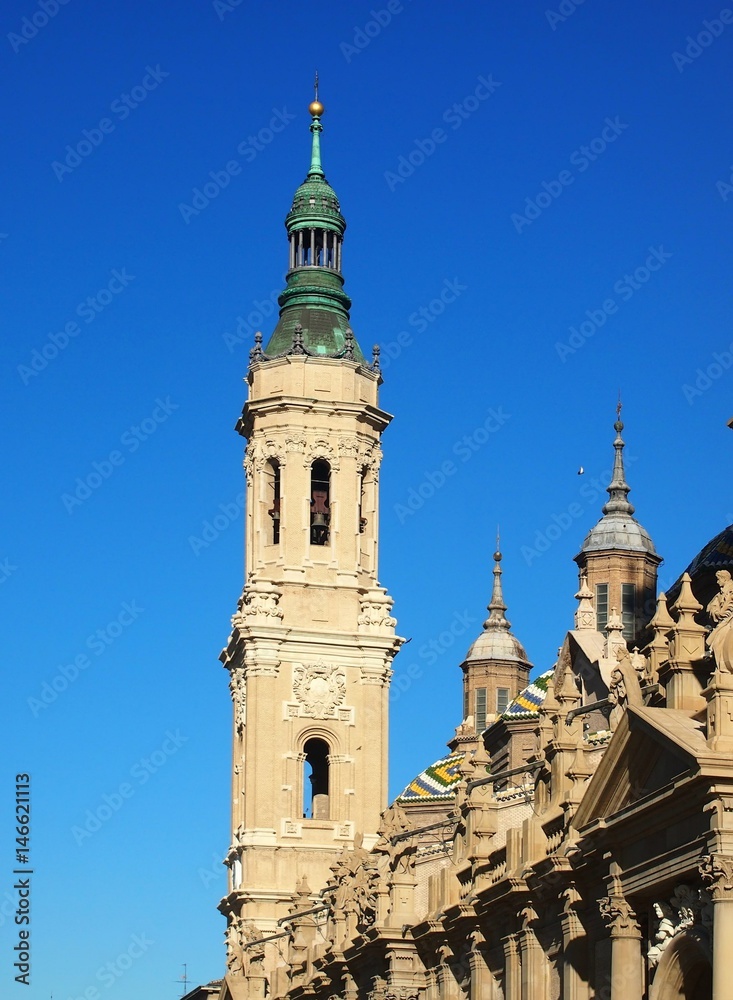 Bell tower of Basilica of Our Lady of the Pillar in Zaragoza, Aragon Province, Spain