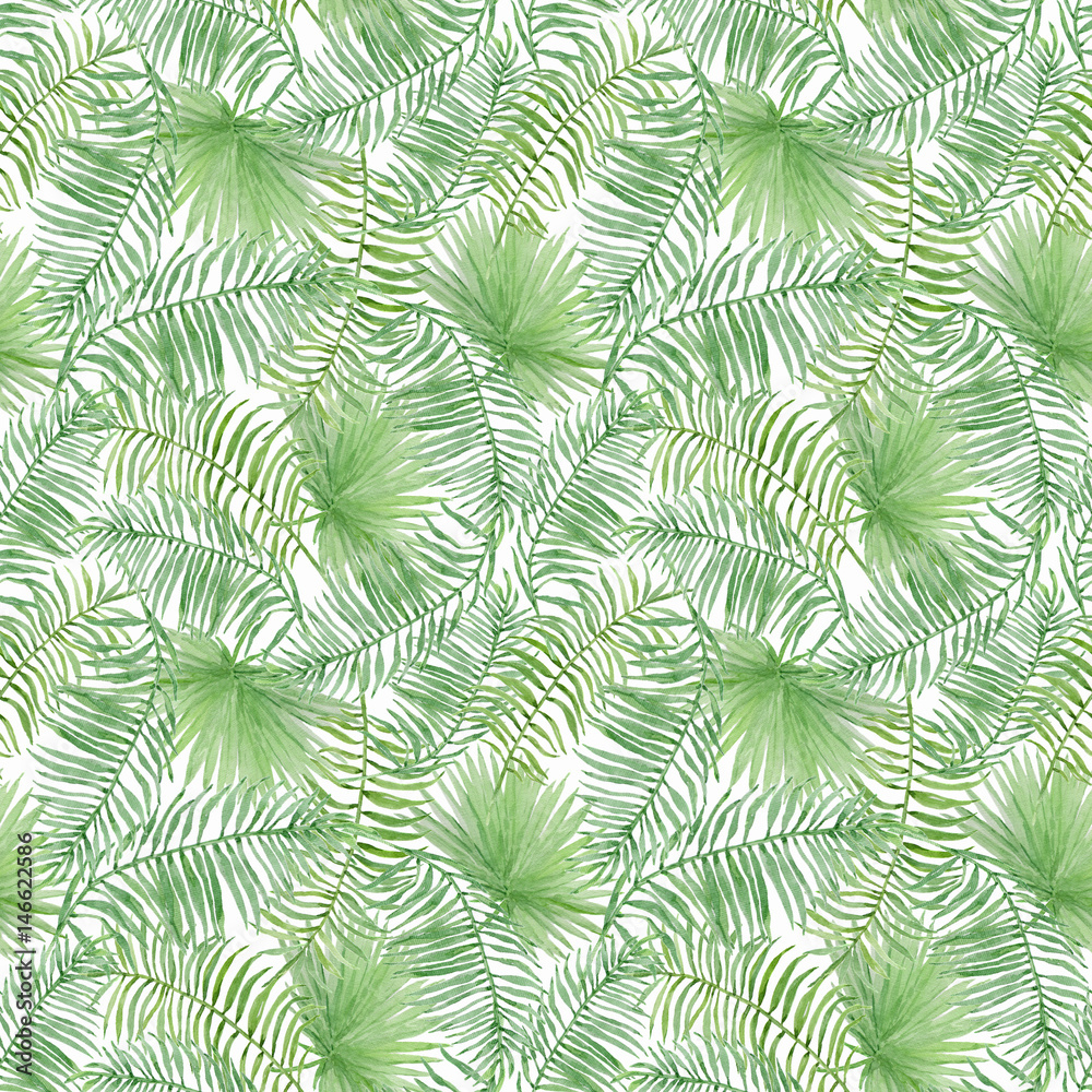 Watercolor tropical seamless pattern with leaves. 