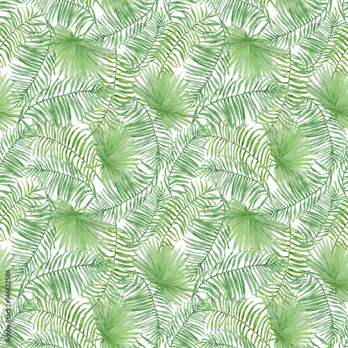 Watercolor tropical seamless pattern with leaves. 