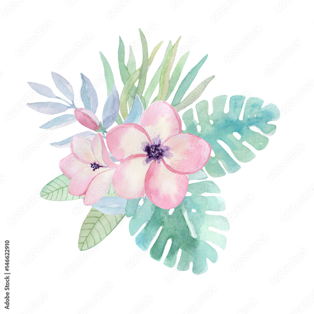 Watercolor illustration, tropical flowers, leaves