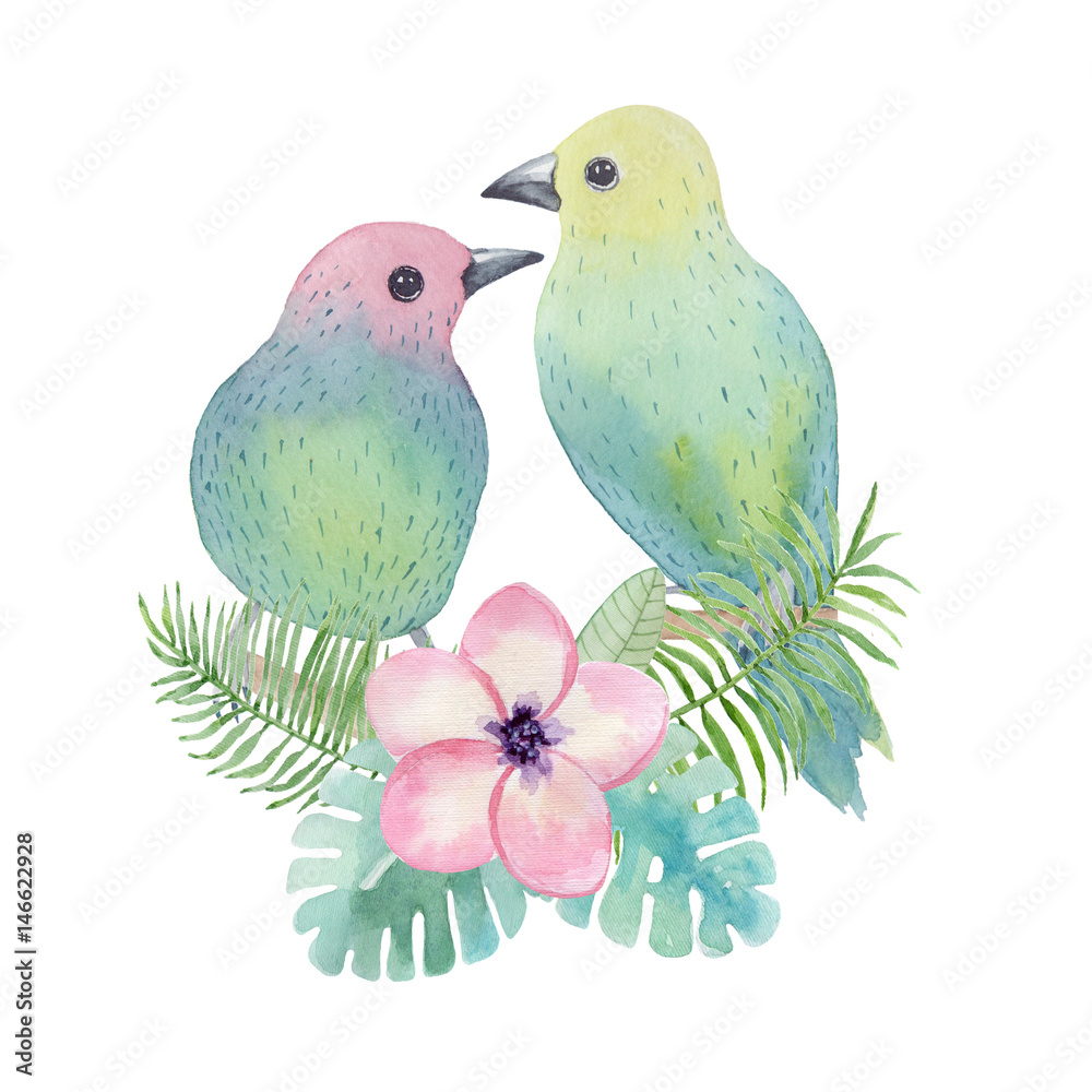 Watercolor tropical birds, flowers and leaves
