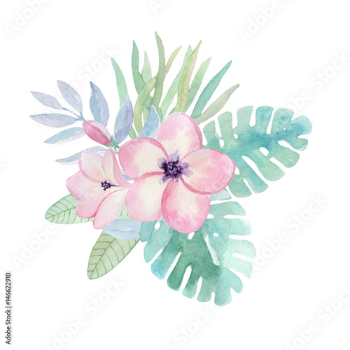 Watercolor illustration, tropical flowers, leaves