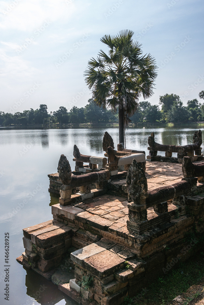 Srah Srang with Lion and Naga statues in Angkor, Cambodia