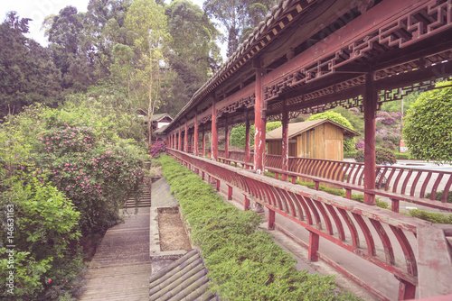 long corridor of Chinese traditional architecture in a park,shot in city of China.