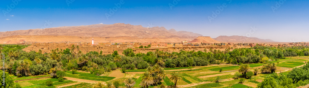Panoramic view at the Oasis Tinghir (Tinerhir) with Little Atlas mountains - Morocco