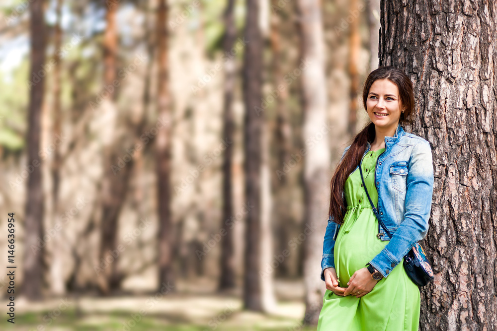 A young fashionable pregnant woman with a smile and hands on her belly walks in the summer. Photo of a pregnant woman in summer