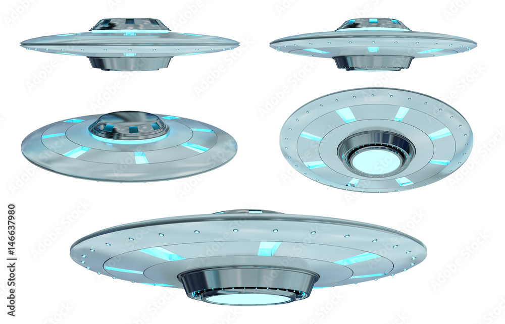 Obraz premium Vintage UFO collection isolated on white background 3D rendering