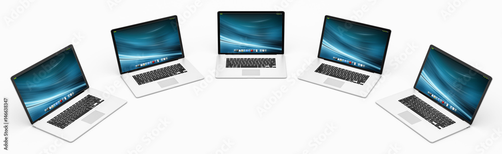 Five modern digital silver and black laptop 3D rendering Five modern digital silver and black laptop 3D rendering