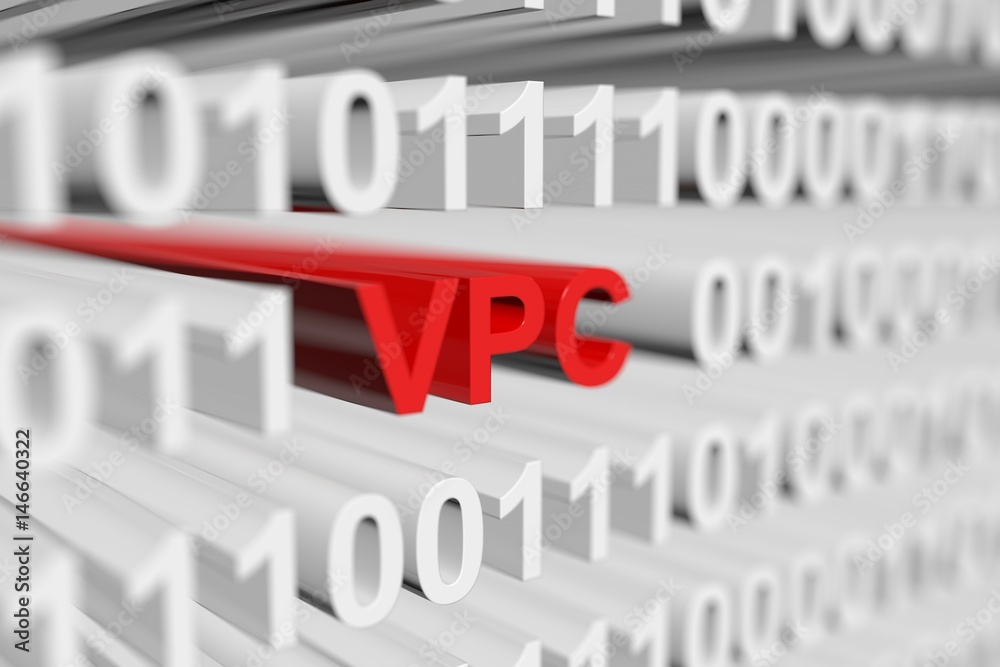 VPC in a binary code with blurred background 3D illustration