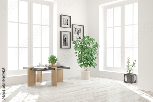 White empty room. Scandinavian interior design. 3D illustration