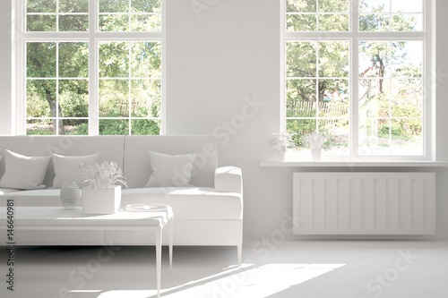 White room with sofa and green landscape in window. Scandinavian interior design. 3D illustration