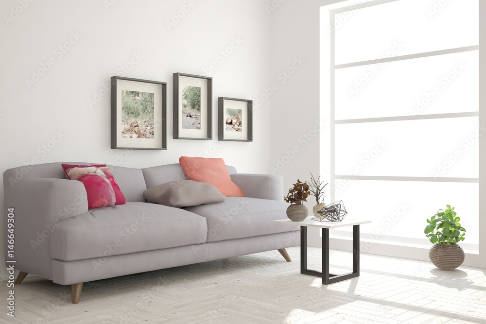 Obraz premium White modern room with sofa. Scandinavian interior design. 3D illustration