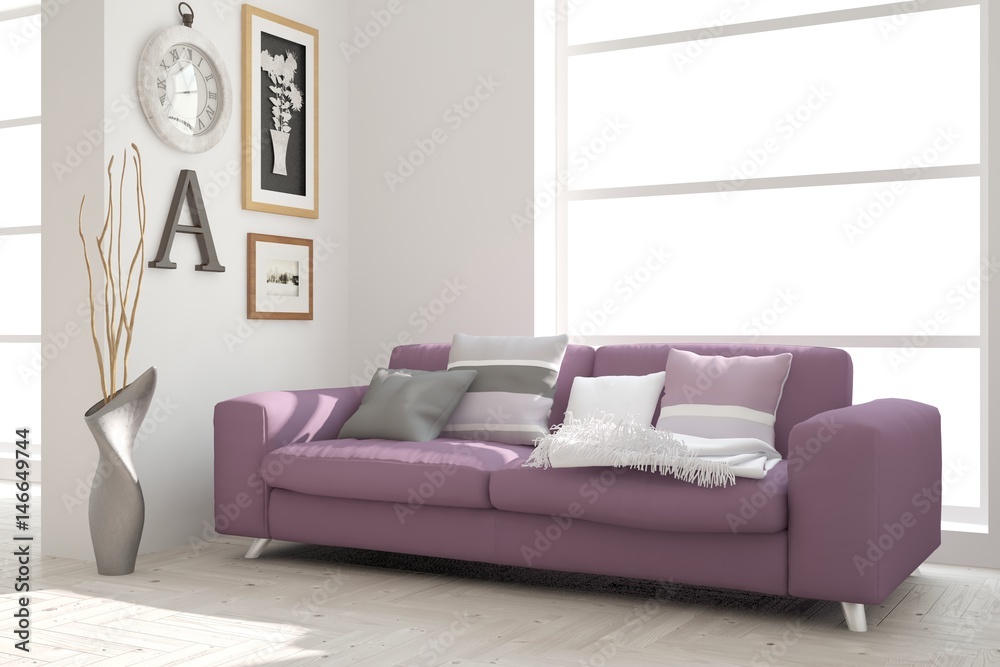 Fototapeta premium White modern room with sofa. Scandinavian interior design. 3D illustration