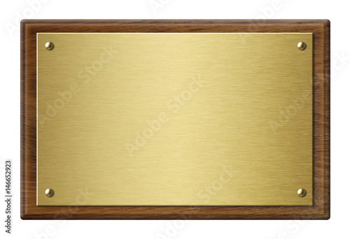 Wood frame with gold metal plaque 3d illustration photo