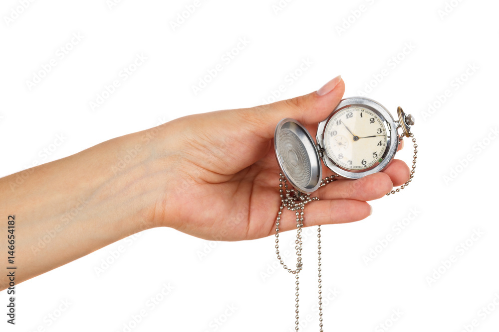 Pocket's clock in the woman's hand, isolated Pocket's clock in the woman's hand, isolated