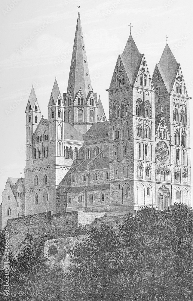 Germany, Limburg cathedral dedicated to Saint George built in XIII century in Romanesque style as three-aisled basilica with Gothic elements 