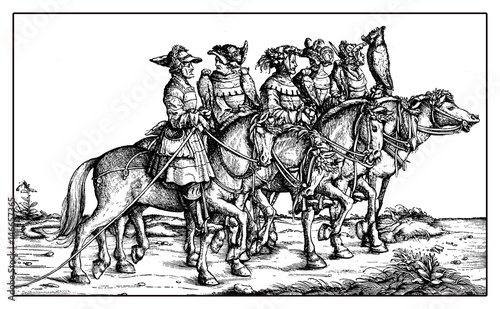 Falconers horseback from Triumph of Maximilian I, monumental woodcut prints from many artists of XVI century