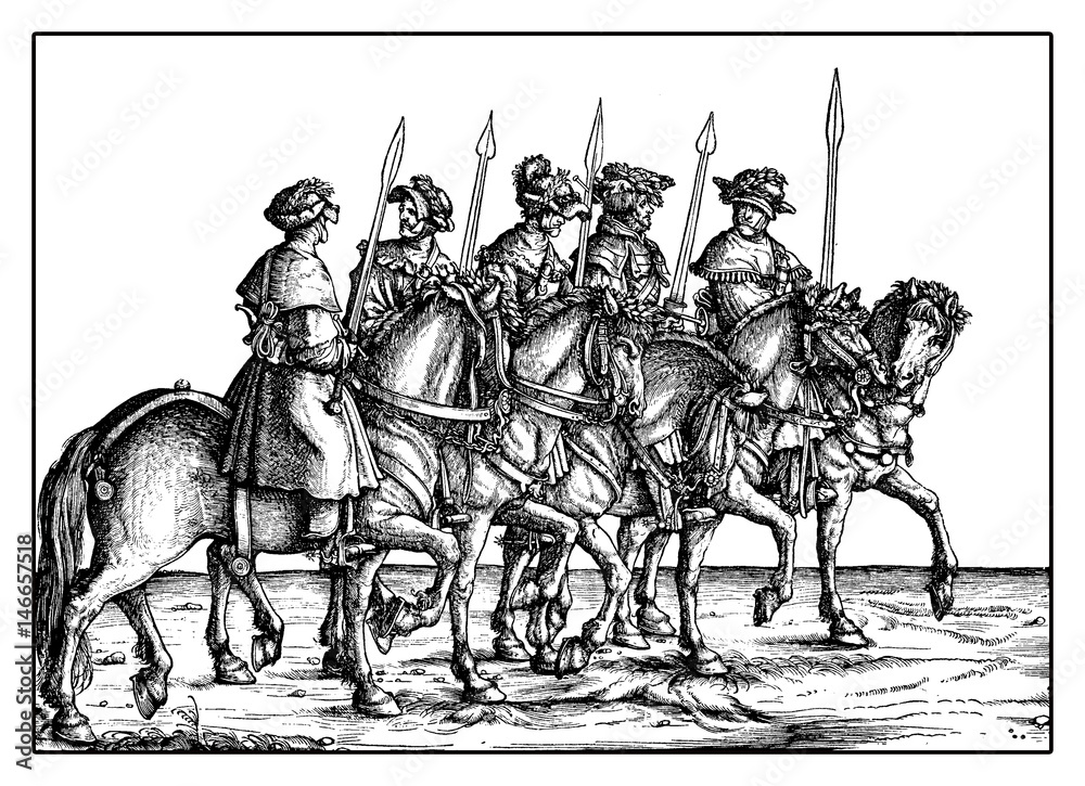 Obraz premium Wild boar hunters from Triumph of Maximilian I, monumental woodcut prints from many artists of XVI century