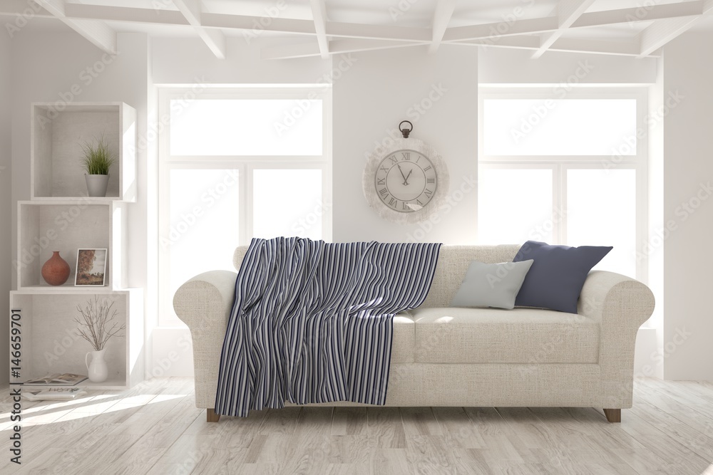 Fototapeta premium White modern room with sofa. Scandinavian interior design. 3D illustration