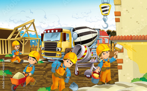 cartoon scene of a construction site with different heavy machines and working men