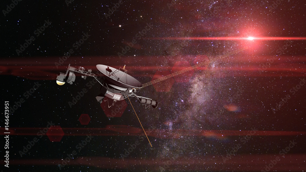 Obraz premium Voyager spacecraft in front of the Milky Way galaxy and a bright red star in deep space