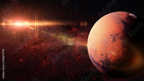 Fototapeta Naklejka Na Ścianę i Meble -  planet Mars in front of the Milky Way galaxy and the sun