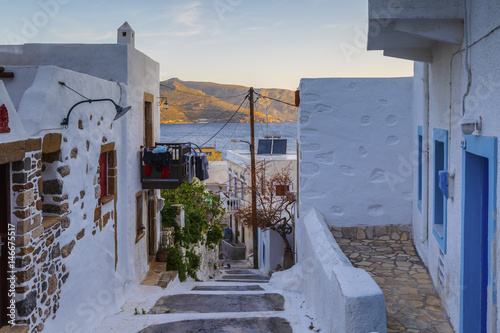 Street in Agia Marina village on Leros island in Greece early in the morning. 