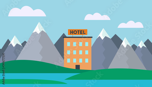 Realistic vector illustration of a mountain landscape with water and a hotel building on the shore of a lake under a blue sky with clouds - suitable for advertising
