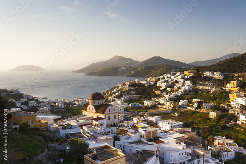 View of Panteli village on Leros island in Greece early in the morning. 
 photo