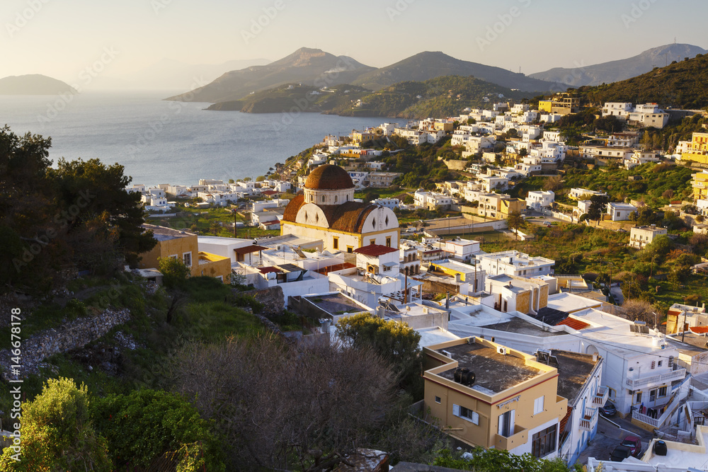 View of Panteli village on Leros island in Greece early in the morning. 
