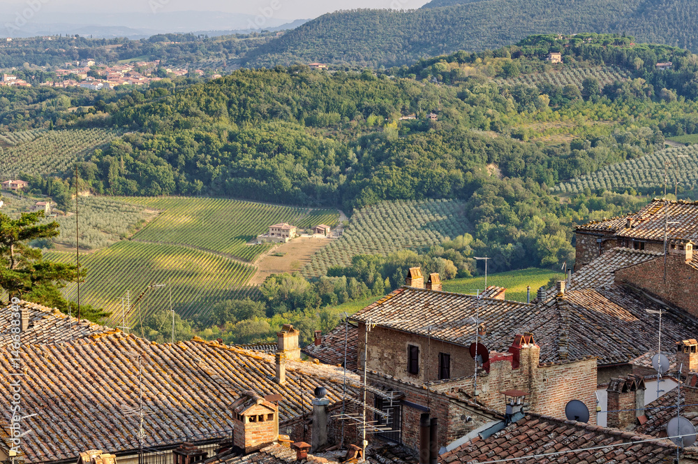 View of orchards and farms from the city walls of Montepulciano in Tuscany, Italy