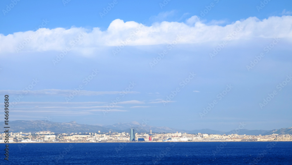 Beautiful view of Marseille (France) from a distance from the sea.