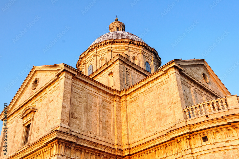 The sunlit dome of the church of San Biagio outside Montepulciano in Tuscany, Italy