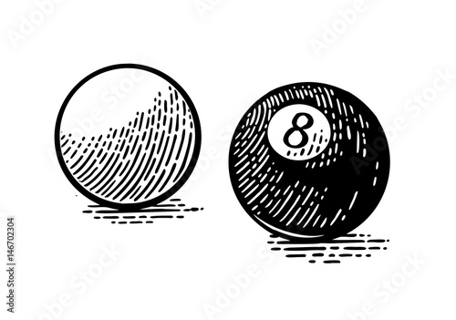 White and eight billiard balls. Vintage black engraving