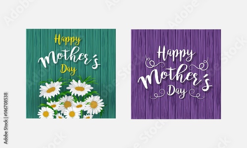 2 greeting cards on colorful wood background. Mother's day. Vector lettering on wood background