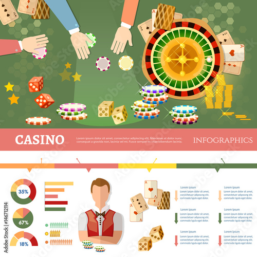Casino infographics people play casino roulette playing cards baccarat table casino games vector illustration