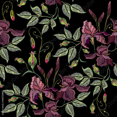 Fototapeta Naklejka Na Ścianę i Meble -  Beautiful spring purple irises seamless pattern, clothes template. Embroidery irises hand drawn seamless pattern vector