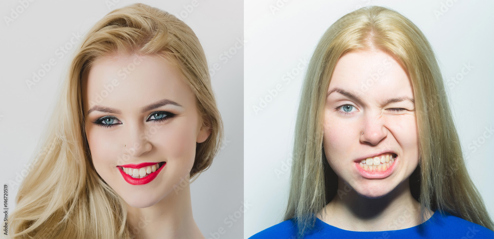 happy woman or girl comparative portrait with and without makeup happy woman or girl comparative portrait with and without makeup