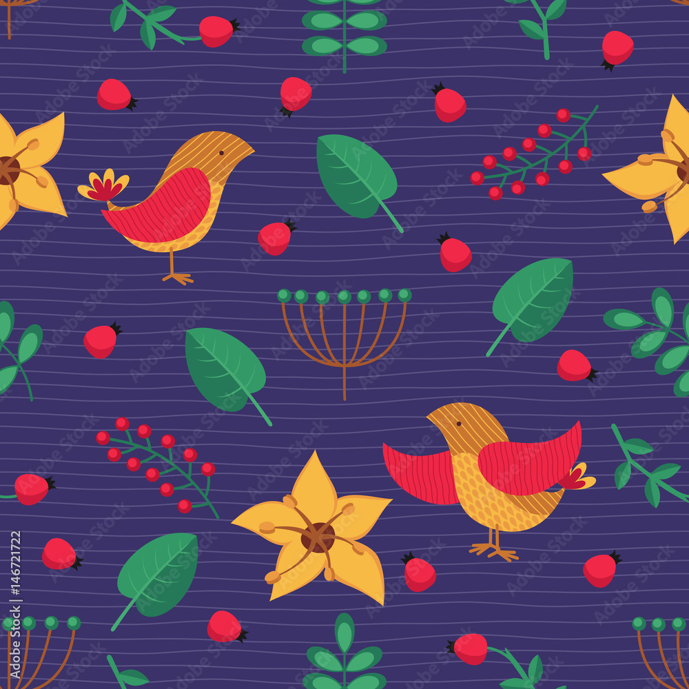 Seamless pattern with birds, leaves, berries and flowers. Hand drawn vector background.
