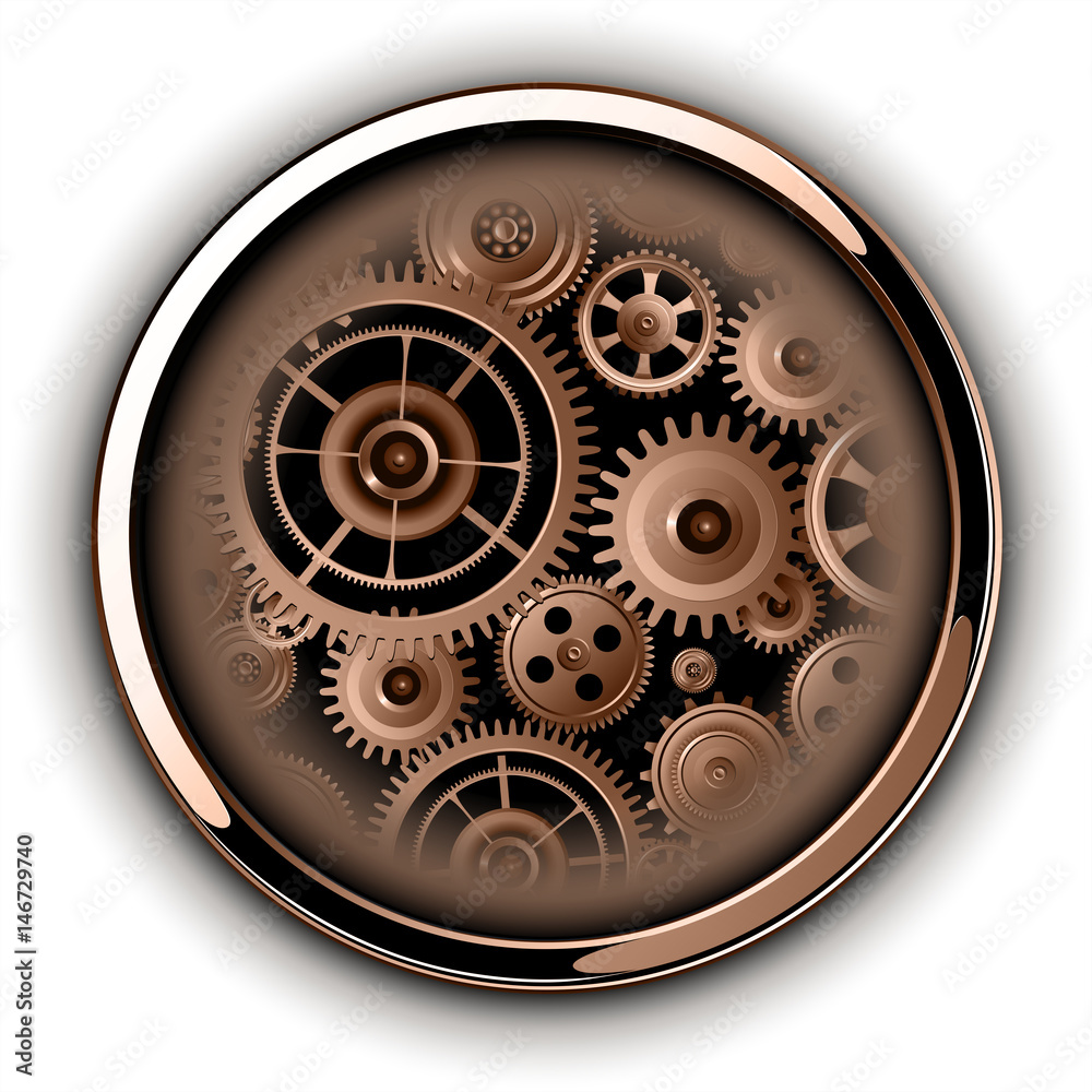 Fototapeta premium Button shiny, chrome metallic with machinery cog gears inside,