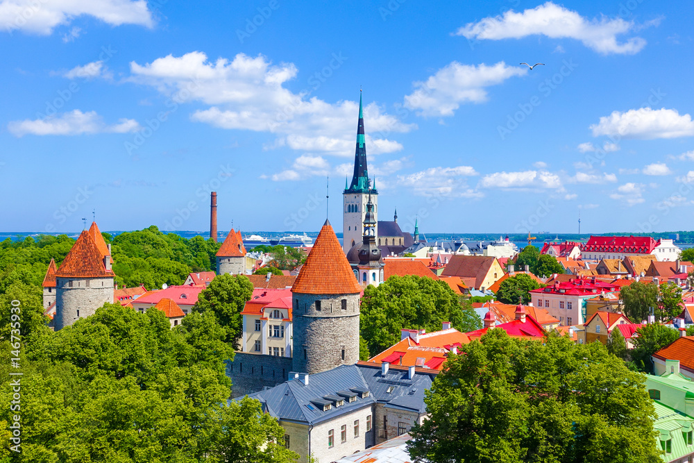 The blue sky over the old town of Tallinn, Estonia in summer