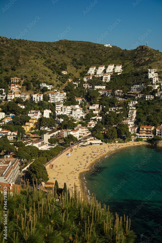 Aerial view of Canyelles beach in the city of Roses, on the Costa brava