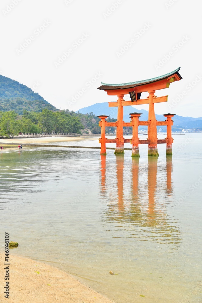 Beautiful View of the Torii of Itsukushima Shrine on Miyajima Island, Japan