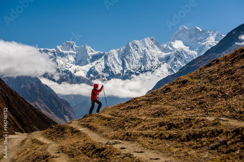 Trekker on Manaslu circuit trek in Nepal photo