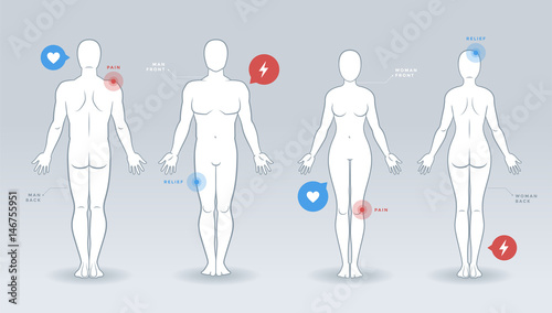 Man and woman vector silhouettes, front and back view, with medical infographics elements
