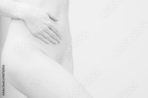Beautiful slim woman body. Black and white. Space for text.